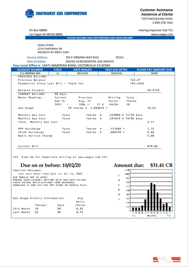 USA Nevada Southwest gas Corporation utility bill template in Word and PDF format